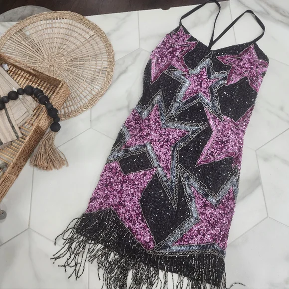 [ NASTY GAL] brand new with tags  Women's size 6- TASSEL  BEADED STAR MINI DRESS - Picture 8 of 16